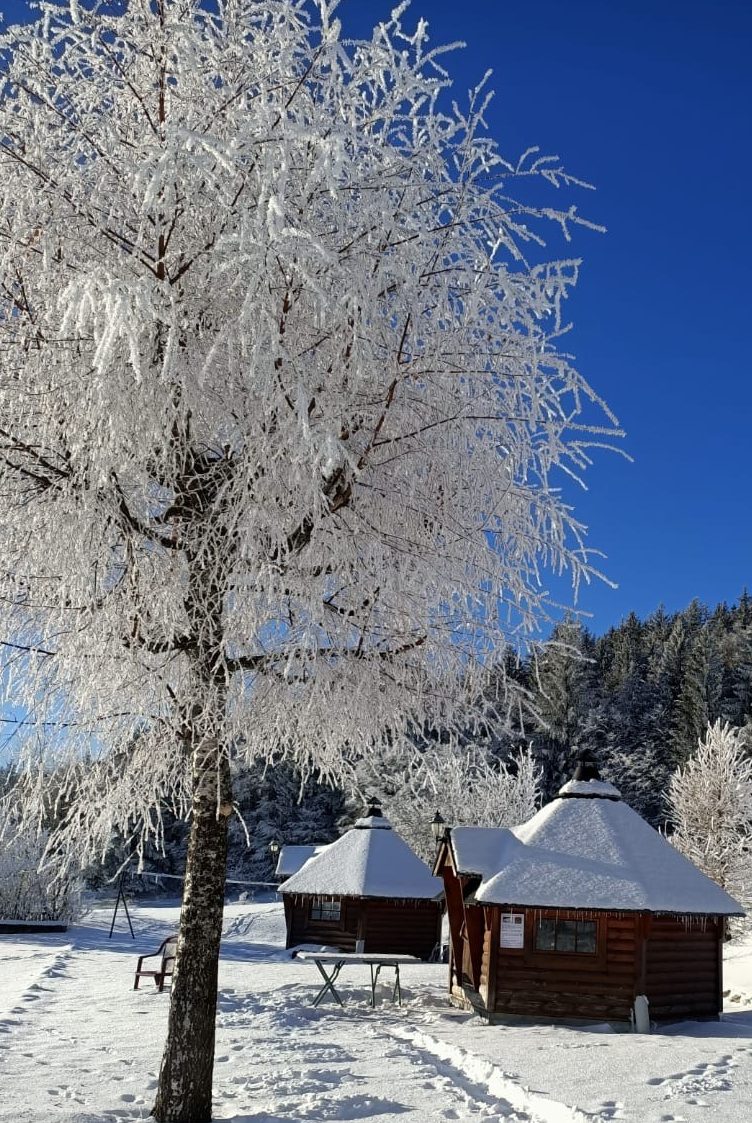 Les chalets sur la terrasse, sous la neige