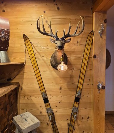 Éléments de décoration, un cerf et des skis anciens